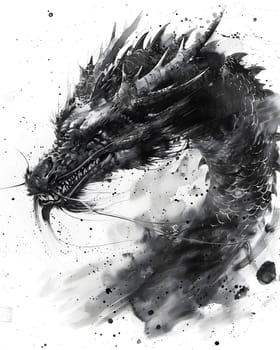 Illustration of Chinese brush painting of a dragon. Black ink lines drawn by master artist. It is a line that has weight, heaviness and lightness in art. Suitable for applying and decorating anywhere.