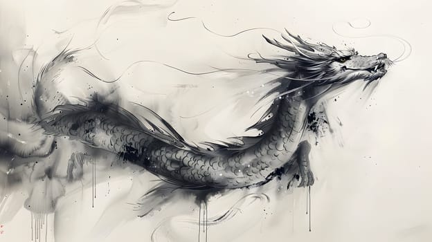 Illustration of Chinese brush painting of a dragon. Black ink lines drawn by master artist. It is a line that has weight, heaviness and lightness in art. Suitable for applying and decorating anywhere.