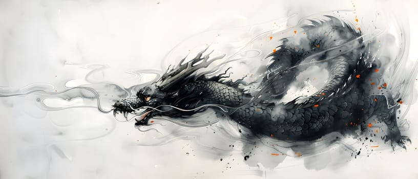 Illustration of Chinese brush painting of a dragon. Black ink lines drawn by master artist. It is a line that has weight, heaviness and lightness in art. Suitable for applying and decorating anywhere.