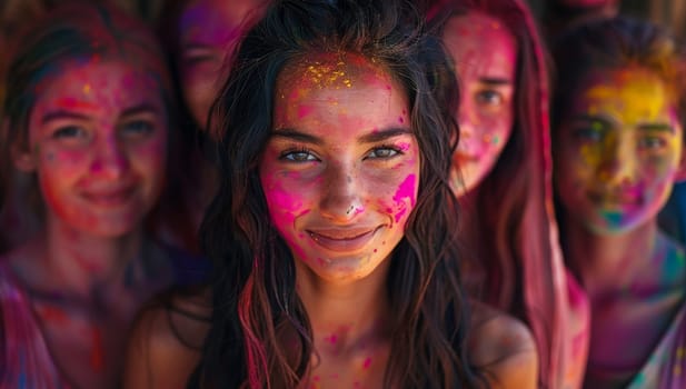 Portrait of a beautiful young woman covered with holi paint.