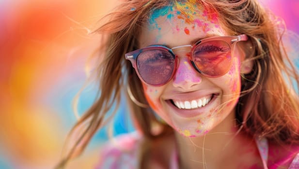Portrait of a young woman covered in colorful powder celebrating Holi festival