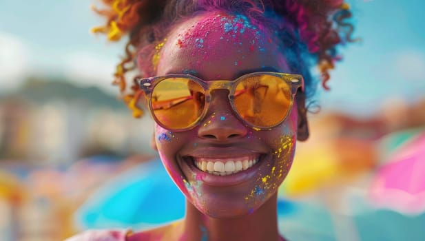 Portrait of happy afro american young woman with holi powder on face at festival