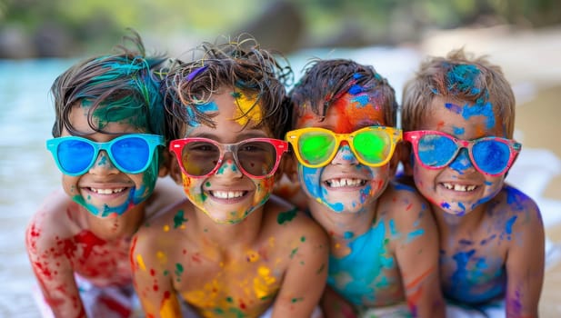 Group of happy children having fun at Holi color festival