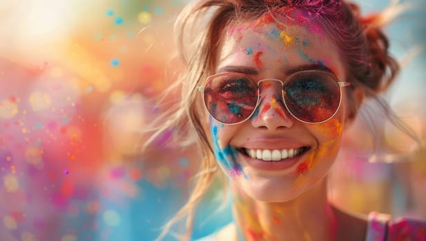A young woman wearing sunglasses is covered in colorful powder while smiling.
