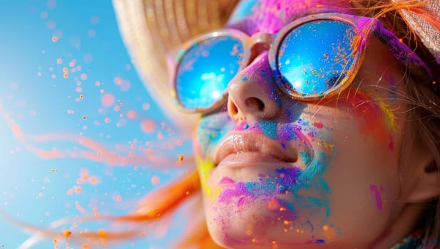 Close-up portrait of a beautiful girl with bright makeup and sunglasses. woman celebrating life with vibrant colors during Holi festival.