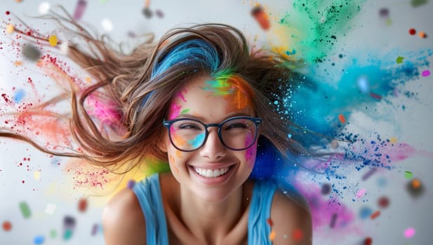 Portrait of happy young woman with colorful paint splashes on her face