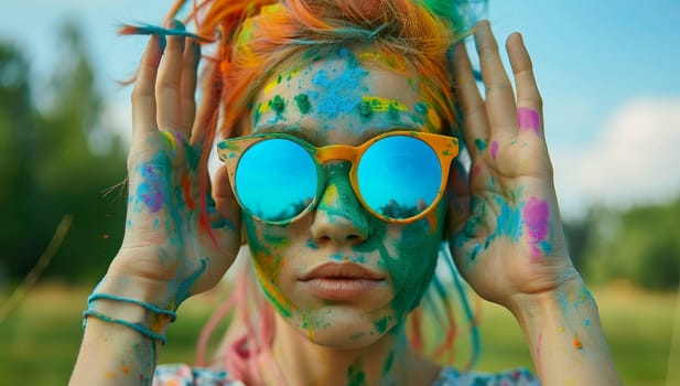 Close-up portrait of a beautiful young woman covered with colorful paint