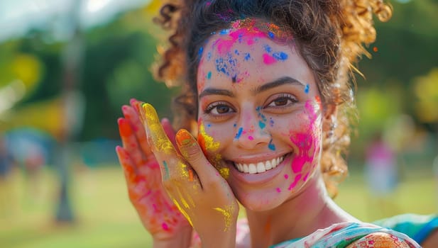 Portrait of happy young indian woman with holi powder on her face.