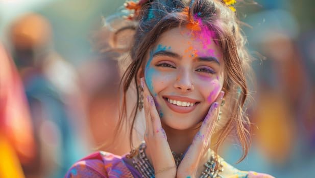 A young woman covered in colorful powder celebrates the holiday Holi.