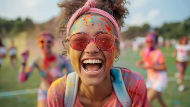 Ecstatic woman celebrating life at vibrant color festival