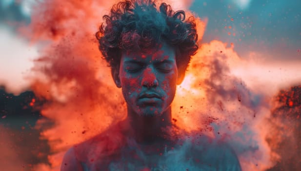 Portrait of a man covered in red and blue smoke from holi festival