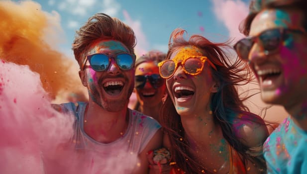 Group of friends at the festival of colors Holi