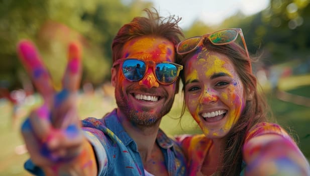 Portrait of happy couple having fun during holi color festival outdoors