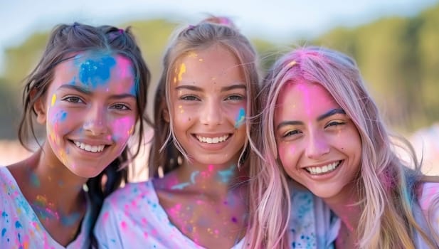 Three young women covered in colorful powder celebrating Holi festival.