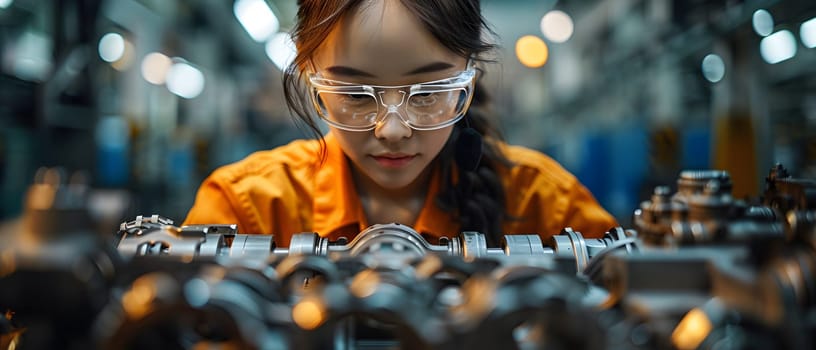 Illustration of a young woman wearing a uniform and safety glasses. Working with machines can use to make campaign posters protect safety, background presenting about the equality of women's rights.