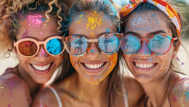 Three young women covered in colorful powder celebrating Holi festival.