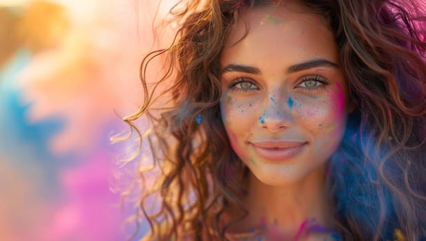 Curly haired woman covered in colorful powder at a festival