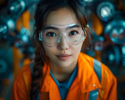 Illustration of a young woman wearing a uniform and safety glasses. Working with machines can use to make campaign posters protect safety, background presenting about the equality of women's rights.