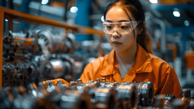 Illustration of a young woman wearing a uniform and safety glasses. Working with machines can use to make campaign posters protect safety, background presenting about the equality of women's rights.