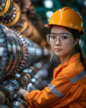 Illustration of a young woman wearing a uniform and safety glasses. Working with machines can use to make campaign posters protect safety, background presenting about the equality of women's rights.