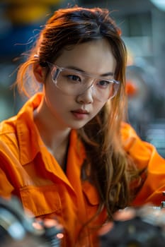Illustration of a young woman wearing a uniform and safety glasses. Working with machines can use to make campaign posters protect safety, background presenting about the equality of women's rights.