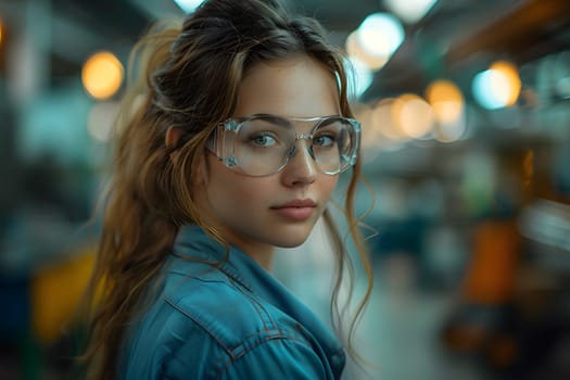 Illustration of a young woman wearing a uniform and safety glasses. Working with machines can use to make campaign posters protect safety, background presenting about the equality of women's rights.