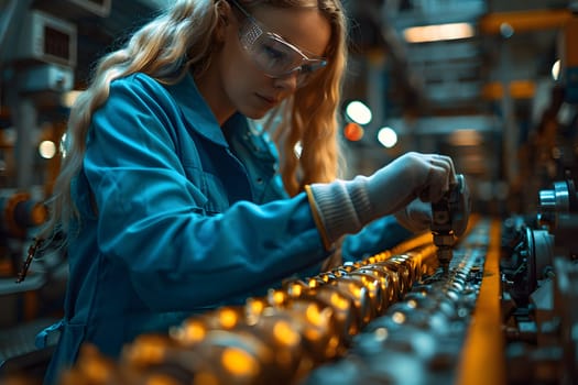 Illustration of a young woman wearing a uniform and safety glasses. Working with machines can use to make campaign posters protect safety, background presenting about the equality of women's rights.