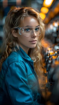 Illustration of a young woman wearing a uniform and safety glasses. Working with machines can use to make campaign posters protect safety, background presenting about the equality of women's rights.