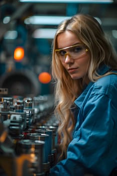 Illustration of a young woman wearing a uniform and safety glasses. Working with machines can use to make campaign posters protect safety, background presenting about the equality of women's rights.