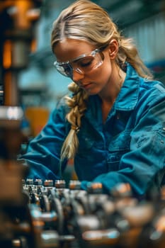 Illustration of a young woman wearing a uniform and safety glasses. Working with machines can use to make campaign posters protect safety, background presenting about the equality of women's rights.