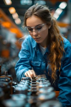 Illustration of a young woman wearing a uniform and safety glasses. Working with machines can use to make campaign posters protect safety, background presenting about the equality of women's rights.