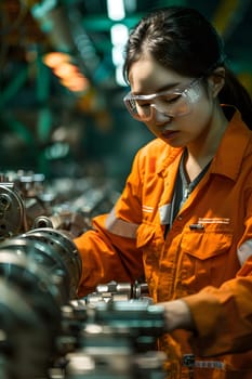 Illustration of a young woman wearing a uniform and safety glasses. Working with machines can use to make campaign posters protect safety, background presenting about the equality of women's rights.