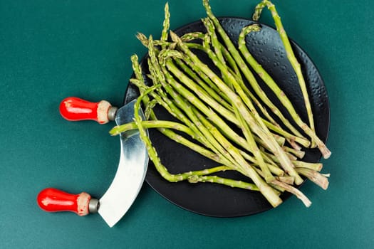 Uncooked raw and fresh asparagus on the kitchen table.