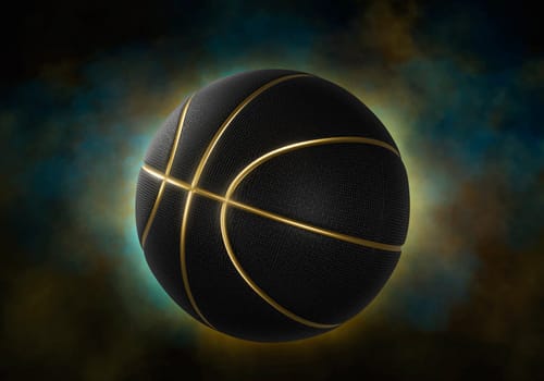Black basketball closeup with golden lines high quality on black background with smoke
