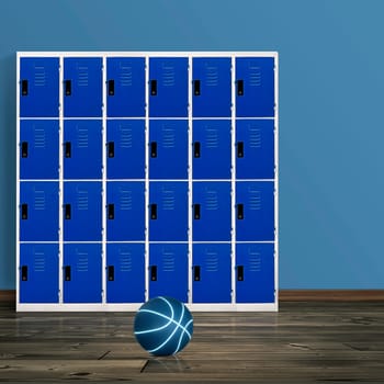 Basketball in room floor with locker in the background