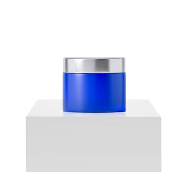 blue jar beauty cream container on podium white square