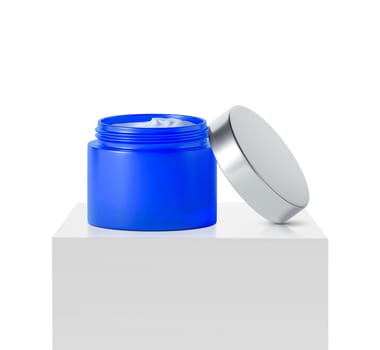 blue jar beauty cream container on podium white square