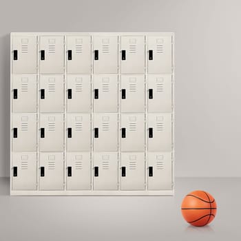 Basketball in room floor with locker in the background