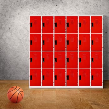 Basketball in room floor with locker in the background