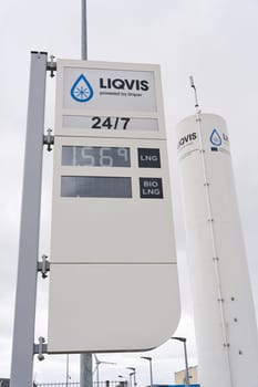 Price display of an LNG liquefied natural gas filling station of LIQVIS GmbH in Magdeburg. LIQVIS is a subsidiary of the Uniper company.