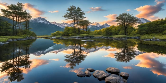 A breathtaking scene at dusk: a serene mountain forest by a glittering lake with a tent pitched. Generative AI