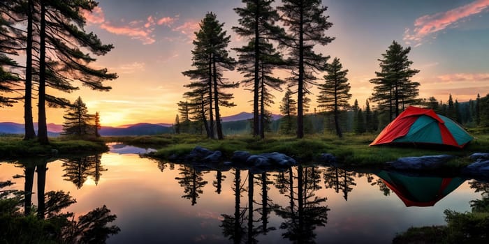 A breathtaking scene at dusk: a serene mountain forest by a glittering lake with a tent pitched. Generative AI