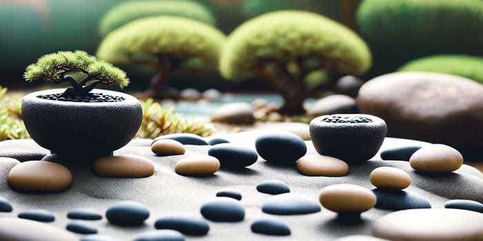 Mindfulness Moment. Capture the essence of mindfulness and meditation by photographing a zen garden with carefully arranged pebbles, a miniature bonsai tree, and a tranquil water fountain to evoke a sense of peace and balance.