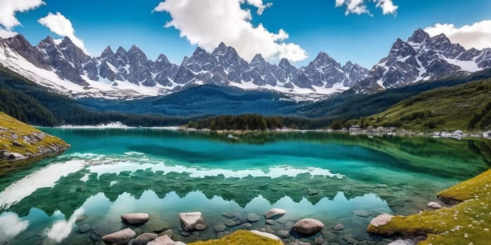 A serene lake in the foreground reflects a majestic snow-capped mountain in the background. Generative AI