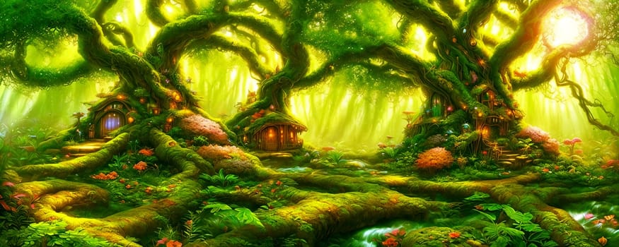 Mystical beauty of an enchanted forest. Vibrant greenery, twisting vines, and shimmering shafts of sunlight filtering through the canopy. Hidden fairy dwelling among the branches. Generative AI