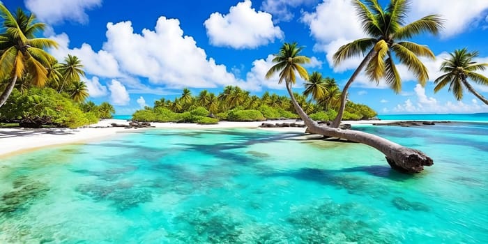 A tranquil sea stretches alongside a long white beach, where a gracefully curved palm tree sways in the breeze.