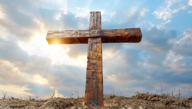 Wooden cross on sky background. Christian symbols.