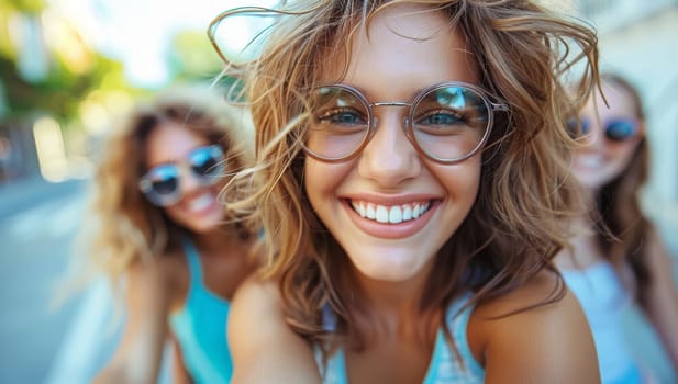 Three young women smiling and walking down the street