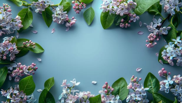 Frame of lilac flowers on blue background. Flat lay, top view.