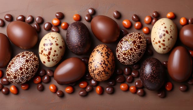 Chocolate Easter eggs and candies on brown background, top view